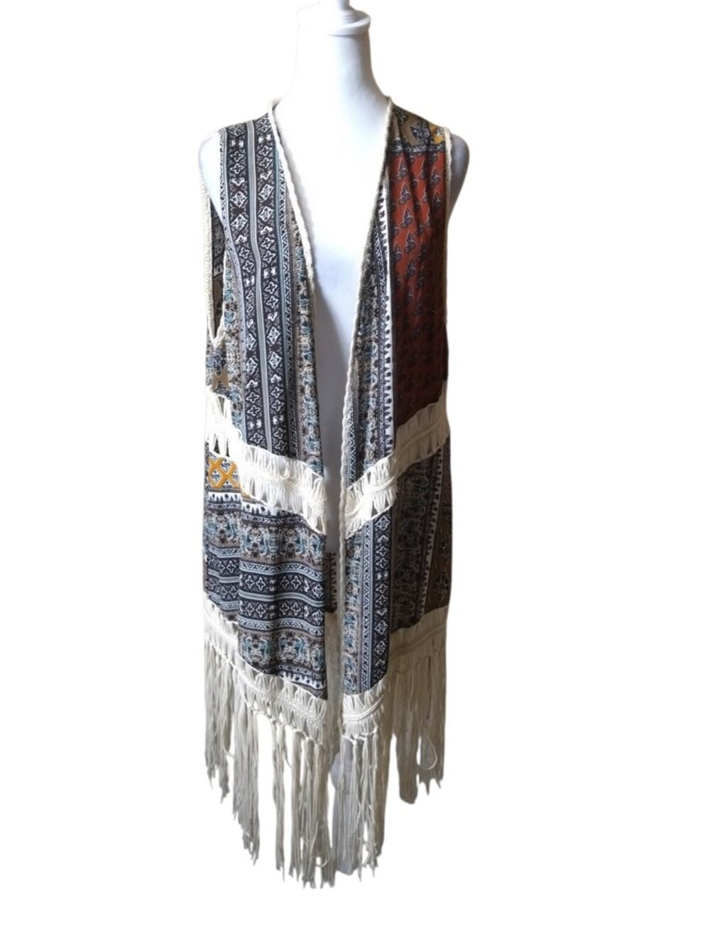 Dreamers Women’s Large Boho Fringe Open Front Vest Hippie Festival Patchwork